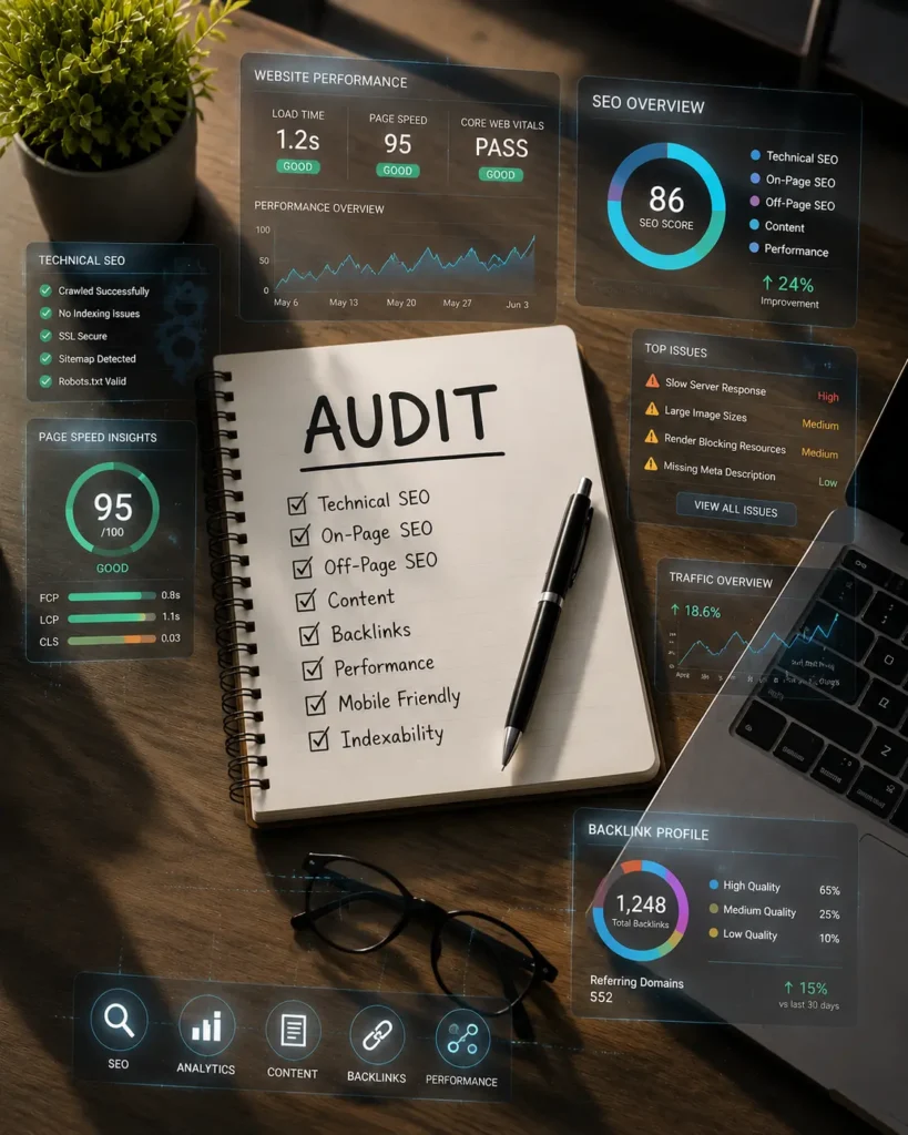 Realistic top-down view of a modern office desk showing a spiral notebook labeled “AUDIT” with a checklist, pen, and glasses. Futuristic holographic overlays display SEO metrics, website performance charts, backlink profile, page speed insights, and traffic overview, highlighting a professional, high-tech SEO audit environment with warm natural lighting
