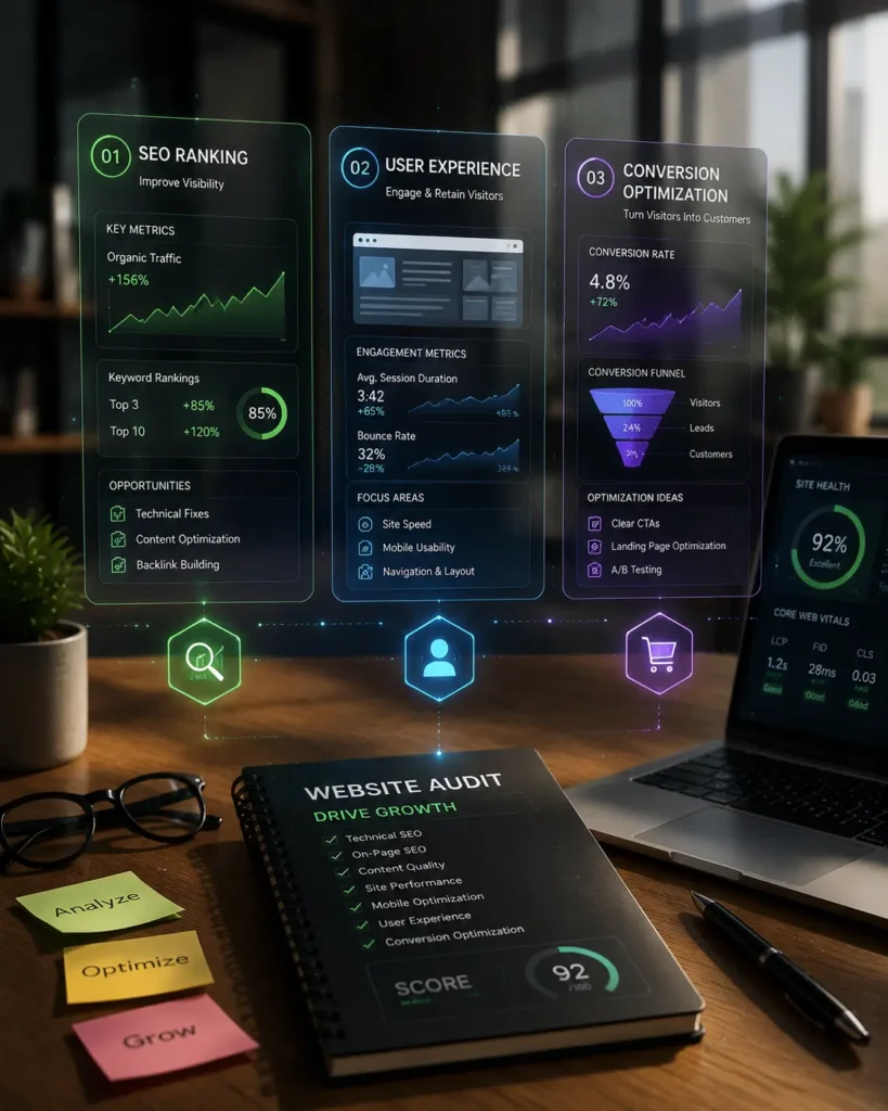 Top-down view of a desk with a “WEBSITE AUDIT” notebook and three floating panels showing SEO, UX, and conversion metrics.