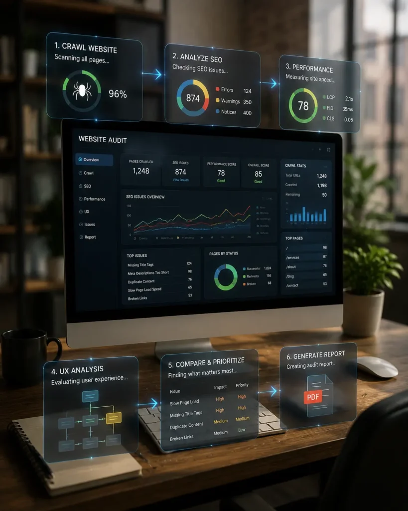Desktop showing a website audit workflow with floating panels for SEO crawl, analysis, performance, UX, and report generation.