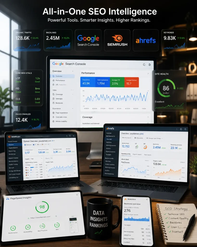 Dark-themed professional SEO workspace with laptops and mobile devices showing performance metrics, organic traffic, backlinks, PageSpeed Insights, and SEO scores for digital marketing analysis