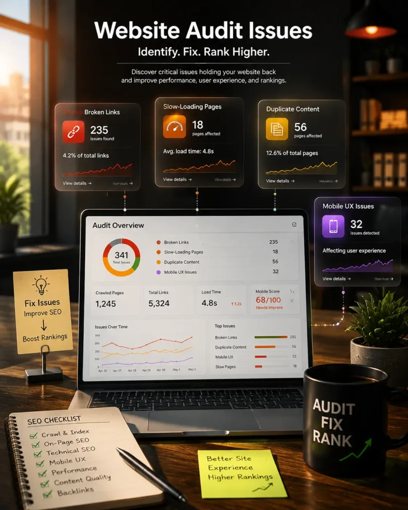 3D digital illustration of a website audit dashboard showing broken links, slow-loading pages, duplicate content, and mobile UX issues on a laptop in a modern office with warm natural lighting
