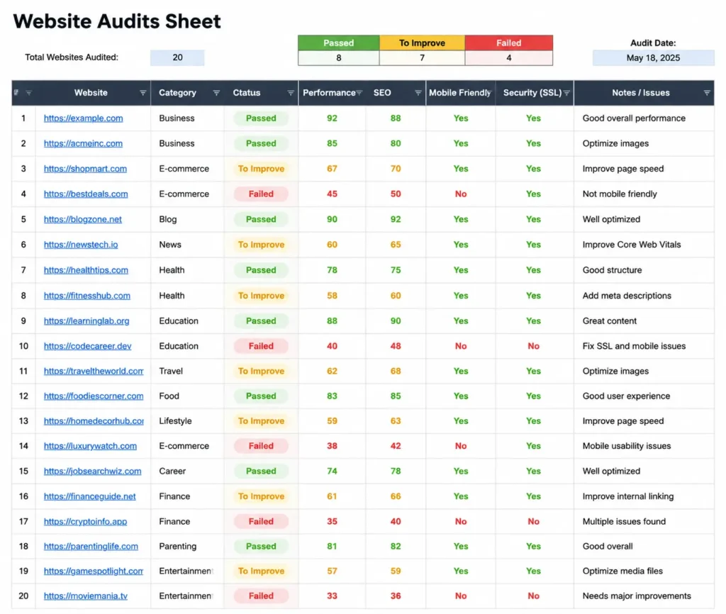 Website audits summary showing performance, SEO, mobile, and security scores