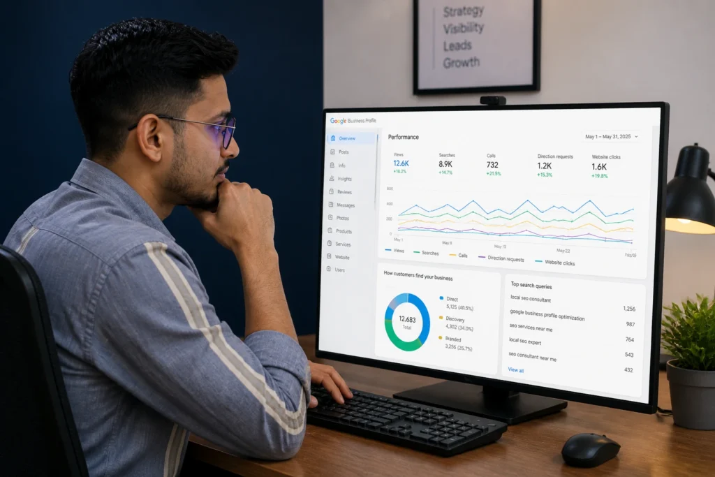 SEO expert analyzing Google Business Profile performance metrics in a modern office, focusing on views, searches, and calls data