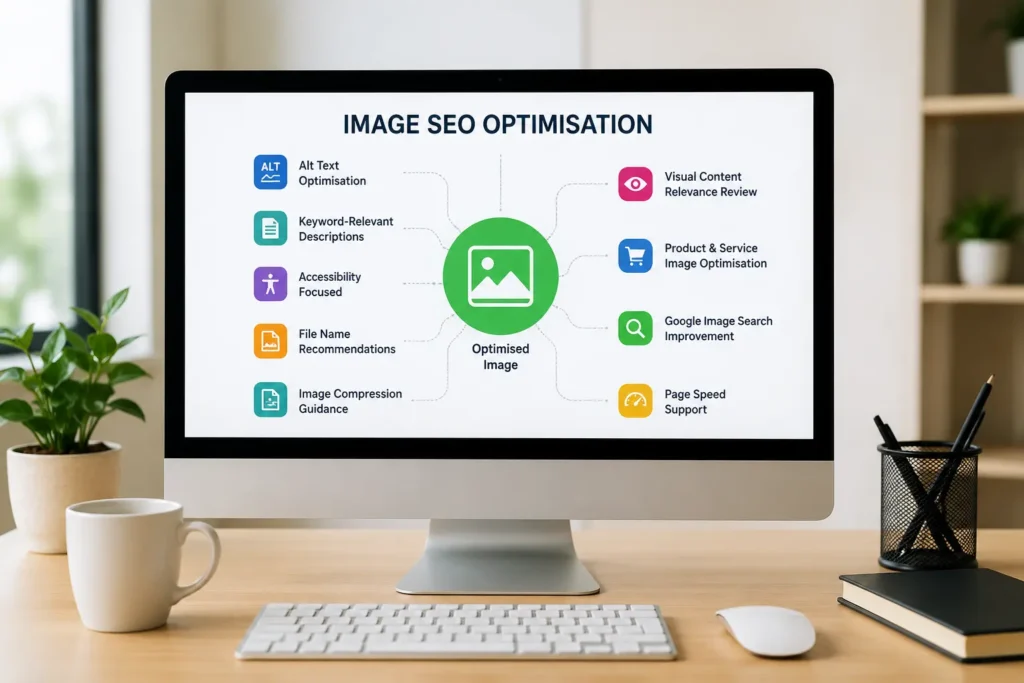 A modern office desk with a large all-in-one computer displaying an infographic on Image SEO Optimisation, highlighting alt text, keyword-relevant descriptions, accessibility, file naming, compression, visual relevance, product image optimisation, Google Image search improvement, and page speed support, surrounded by a potted plant, coffee mug, and office supplies.