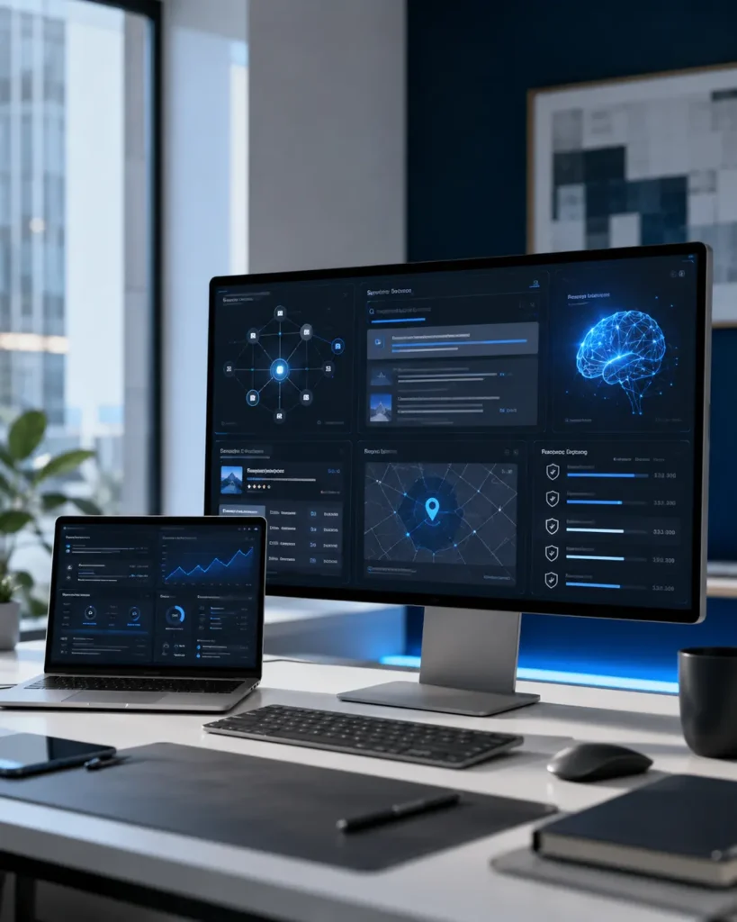 AI SEO, AIO and GEO optimisation dashboard on a modern office desk showing AI search visibility, entity signals, content structure, analytics and generative search performance on a large monitor.