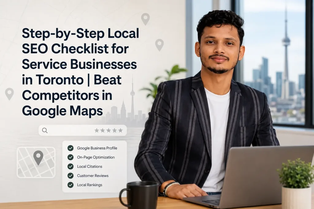 Partho Saha featured in a professional Toronto local SEO blog image with Google Maps, checklist, search ranking, and business profile elements for service businesses.