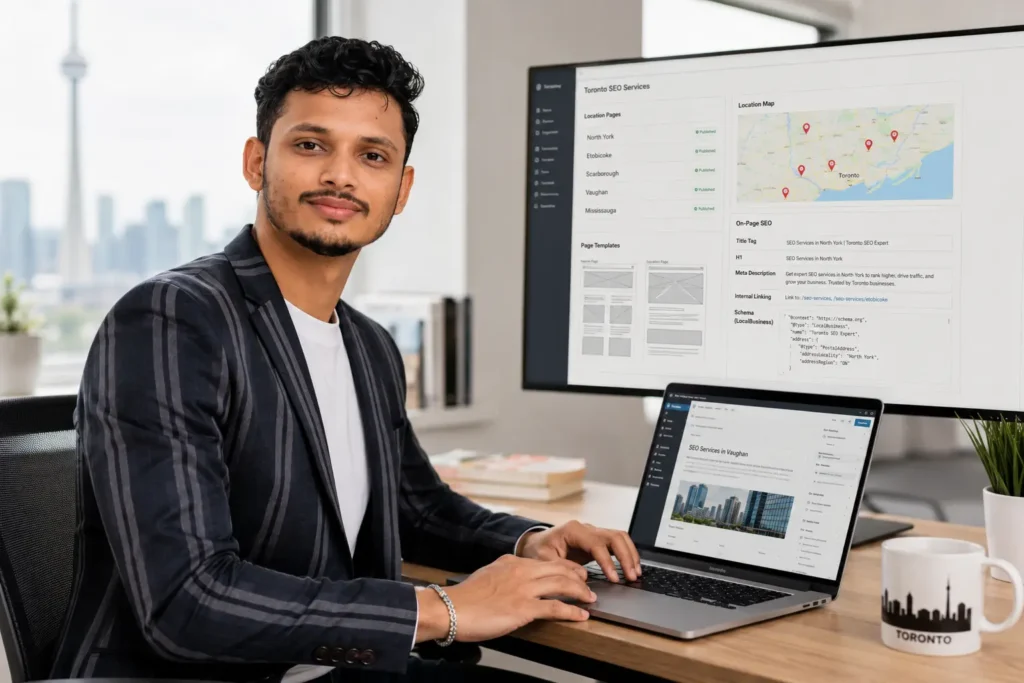 Partho Saha creating Toronto location-specific SEO pages in a modern office.