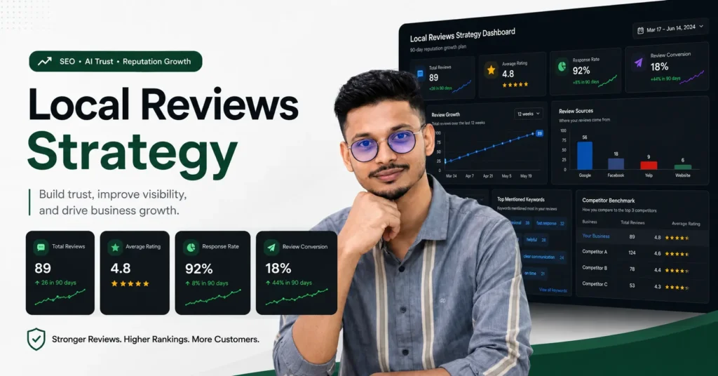 Local Reviews Strategy dashboard showing review growth, ratings, and trust metrics.