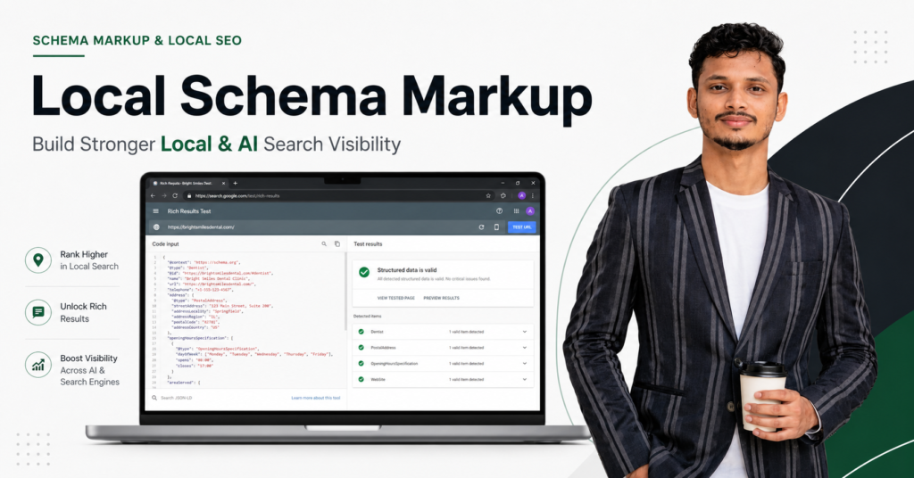 Local schema markup guide showing valid structured data results with an SEO consultant.