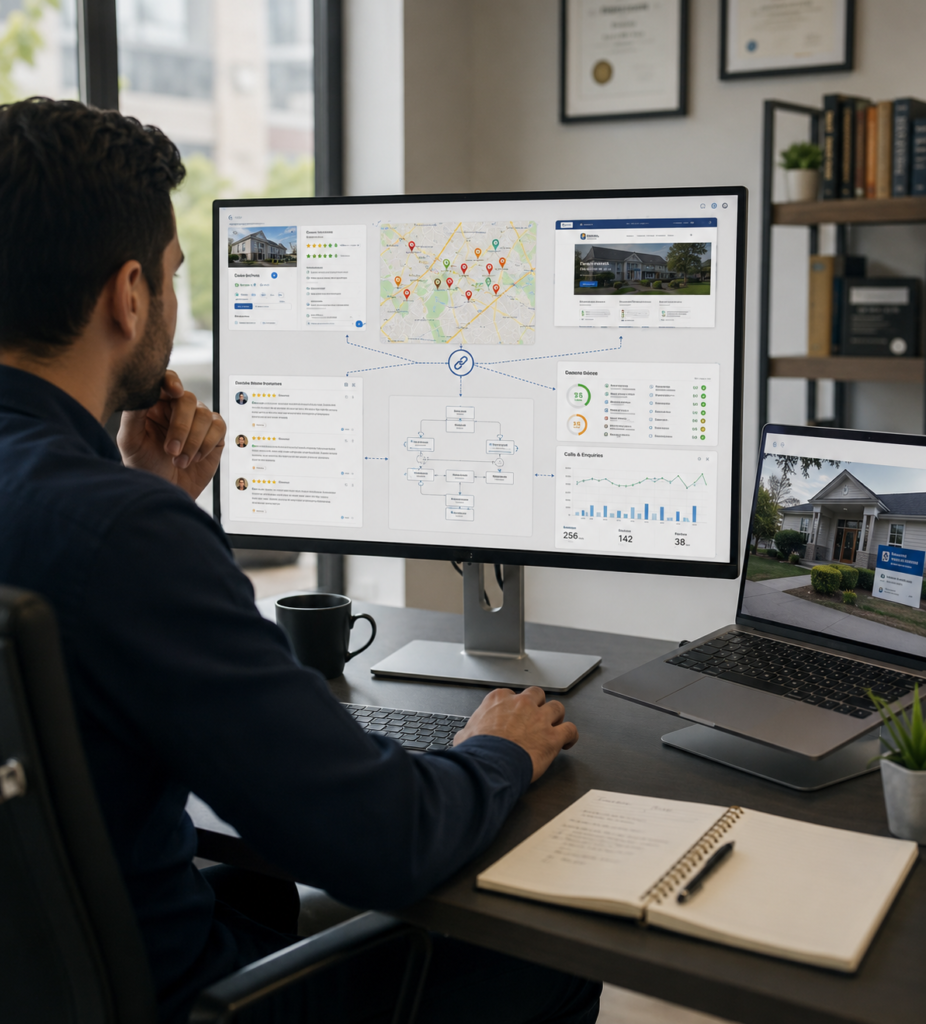 Local SEO dashboard showing Business Profile visibility, map rankings, website relevance, internal linking, reviews, citations, and lead conversion metrics.