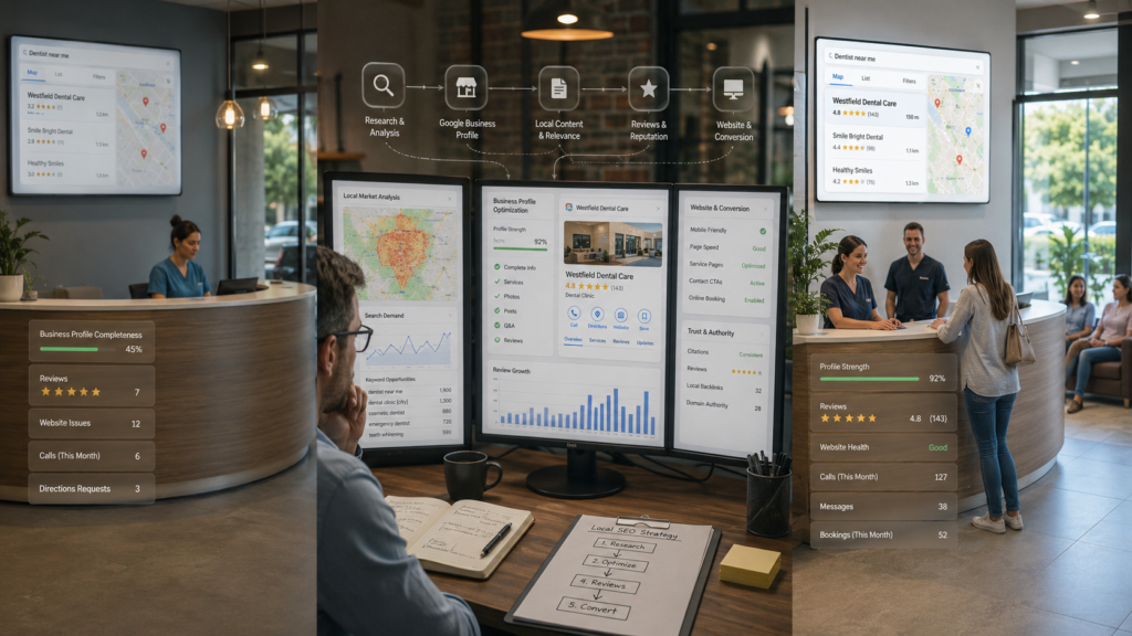 Real before-and-after local SEO transformation showing improved Google Maps visibility, optimized business profile, stronger reviews, website performance, calls, and bookings.
