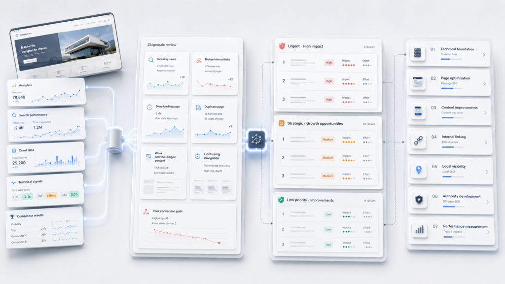 Website audit workflow showing SEO diagnostics, issue prioritization, and action roadmap.