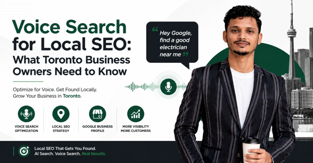 SEO consultant Partho Saha with a Toronto skyline illustrating voice search optimization, Google Business Profile, AI search, and local SEO strategies for Toronto businesses.