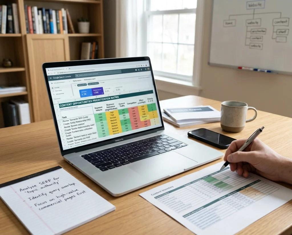 A person using a laptop and paperwork, showing an SEO dashboard and a content prioritization matrix to analyze opportunities.