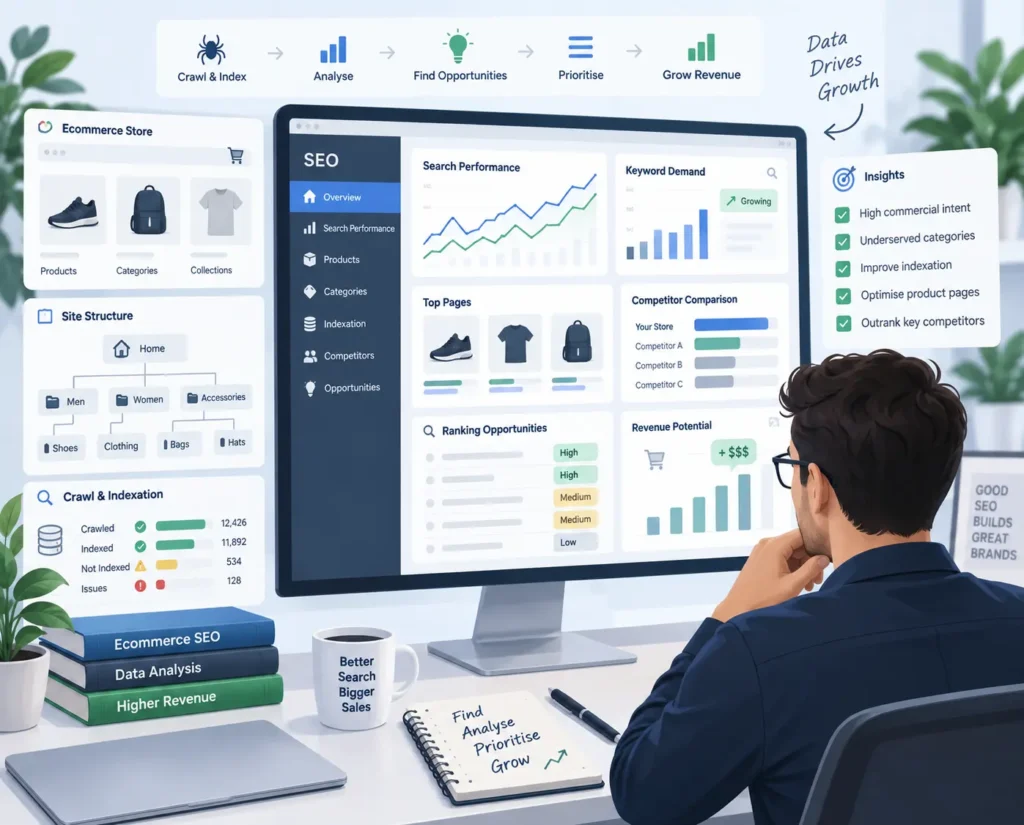 Ecommerce SEO research dashboard showing data analysis, crawl insights, keyword opportunities, and revenue growth strategy.