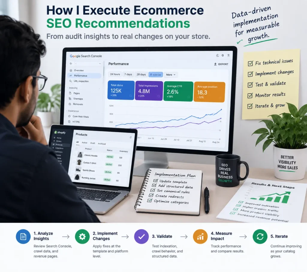 Ecommerce SEO dashboard analysis showing implementation planning, technical fixes, validation, and performance tracking.