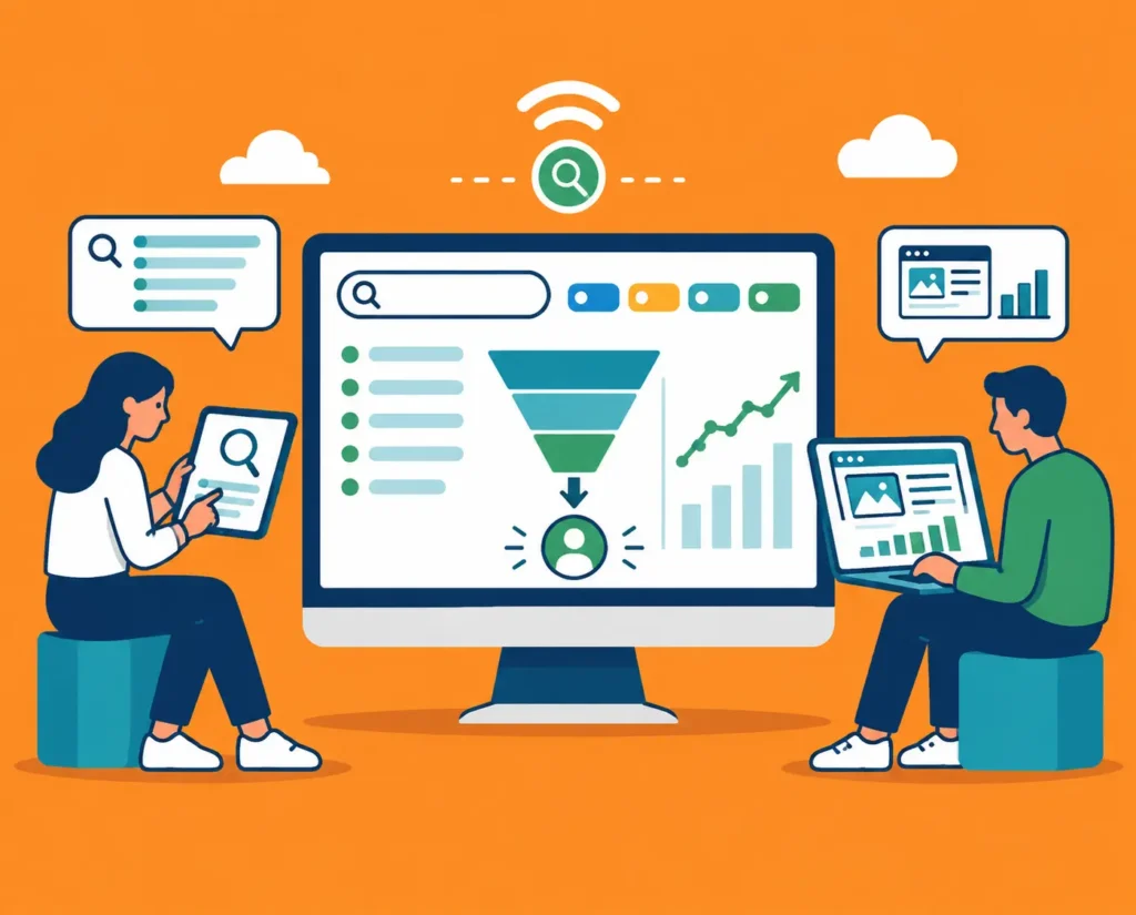 SEO analysts reviewing keyword intent, competitor data, and lead-generation opportunities on an analytics dashboard
