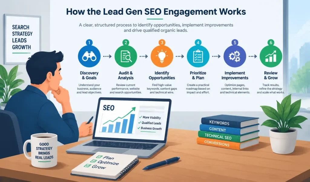 Lead Gen SEO process showing strategy, analysis, optimization, and growth steps for generating qualified organic leads.