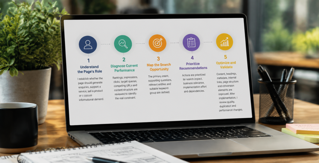 Laptop displaying a structured SEO workflow process with research, analysis, optimization, and performance validation steps.