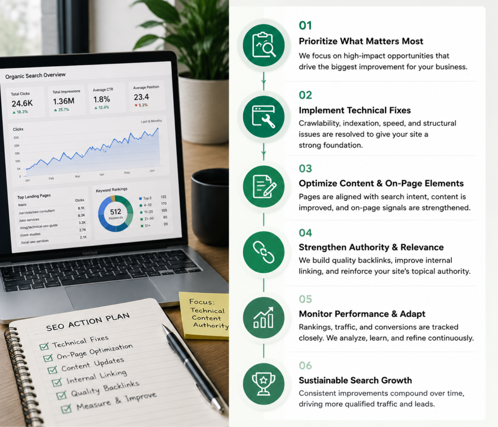 SEO workflow showing research, implementation, optimization, and measurable search improvements.
