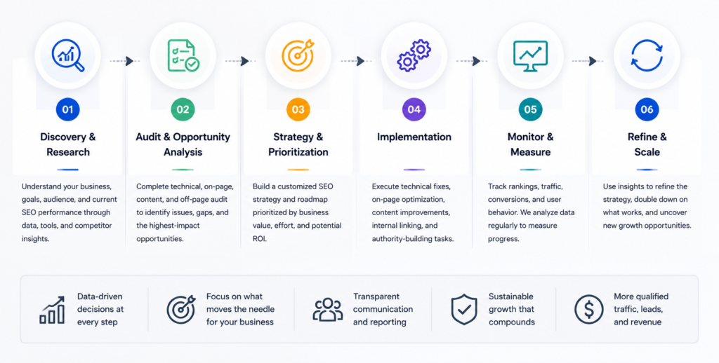 SEO workflow showing strategy, implementation, measurement, and growth stages.