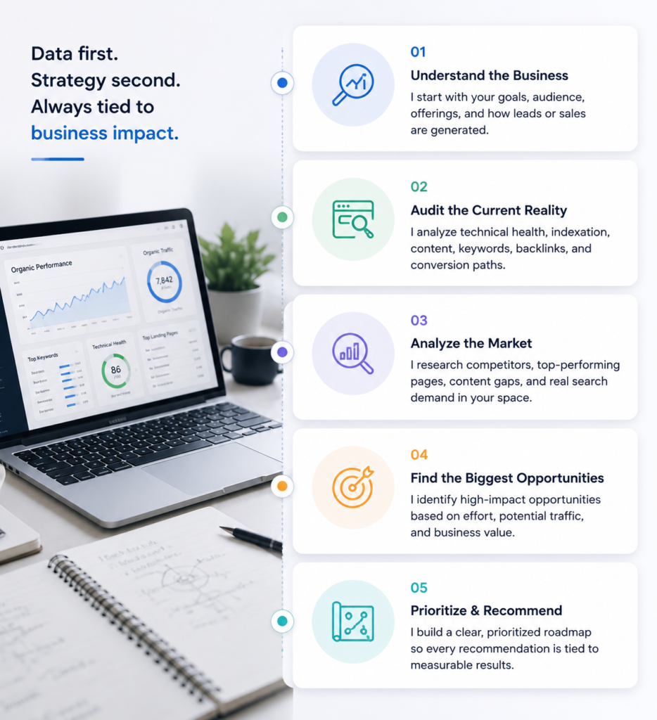 SEO research process with data analysis and strategy planning.