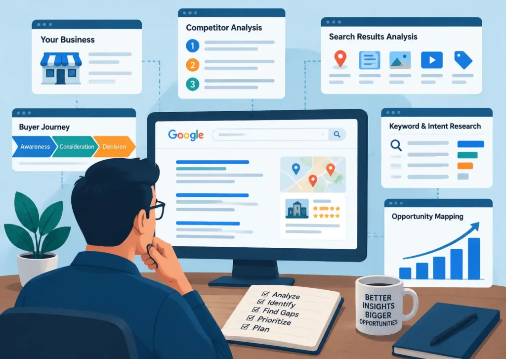 SEO research workflow showing competitor analysis, search intent mapping, and opportunity identification